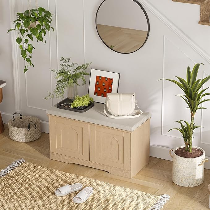 DINZI LVJ Shoe Bench, Entryway Storage Bench with Doors, Cushion, 2-Tier Shoe Rack with 6-Cubby, 31.5”L x 13.8”W Shoe Organizer Cabinet, Adjustable Shelf, Living Room, Bedroom, Natural-PawvioPets