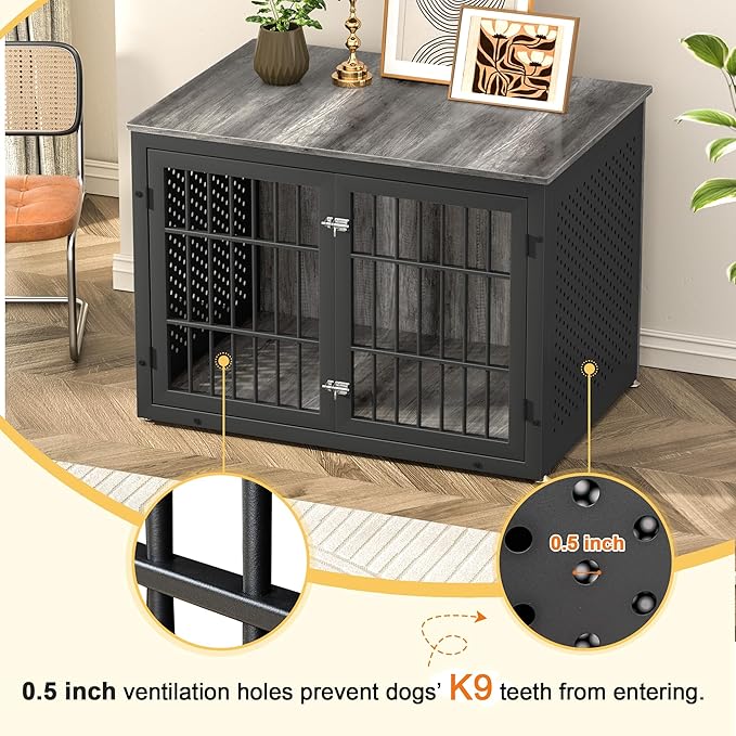42" Heavy Duty Dog Crate Furniture for Large and Medium Dogs, Enclosed Design Wooden Metal Kennel, Wooden Cage Furniture Indoor, Decorative Dog Kennel End Table-PawvioPets