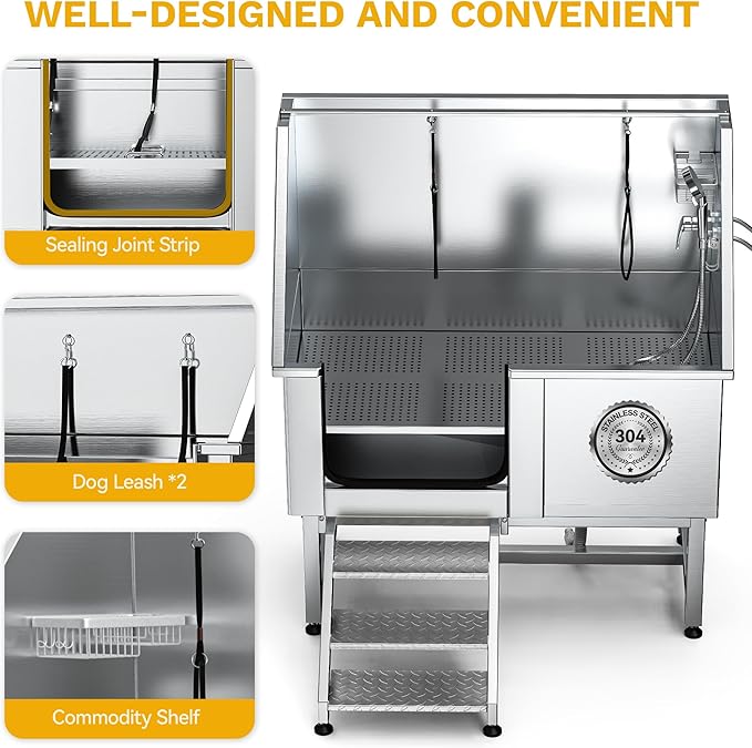 DWVO Professional Pet Dog Bathing Station for Grooming, 50'' Dog Grooming Bathtub with Left Stairs, Floor Grate, Faucet, Showerhead & Soap Holder for Large, Medium & Small Pets-PawvioPets