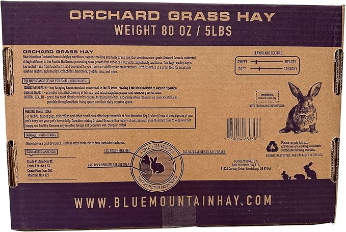 Blue Mountain Hay | Fresh Orchard Grass Hay (5 Pounds) | High Fiber, Soft & Leafy | High-Altitude Hay Pet Food for Rabbits, Guinea Pigs, Chinchillas, Hamsters, and Other Small Pets-PawvioPets