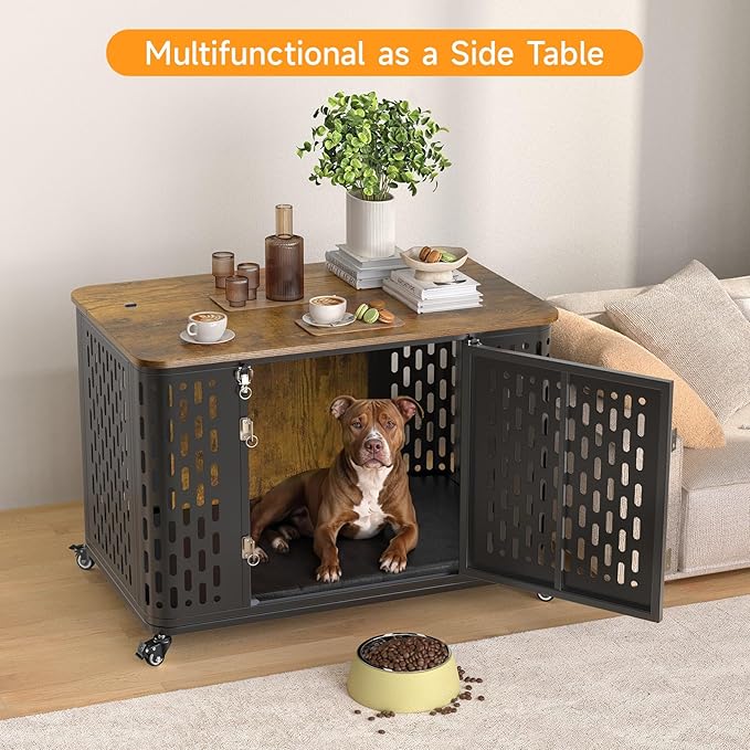 Dog Crate with Cushion, 38" Wood Heavy Duty Dog Crate Furniture with Flip Top & Wheels for High Anxiety Dogs, Escape Proof Pet Cage for Small/Medium Dogs-PawvioPets