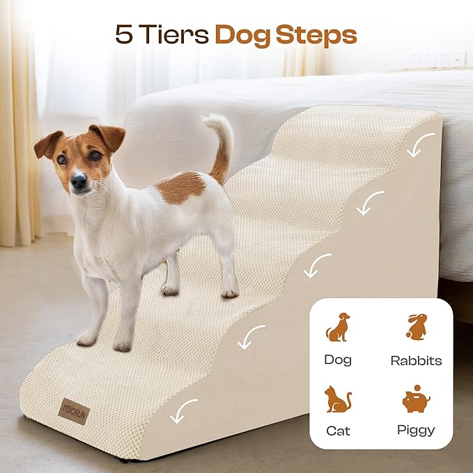 Dog Stairs for High Beds, Extra Tall 24.5" 5-Step Pet Steps for Medium & Small Dogs, Foam Ramp for Tall Couch & Bed, Washable Cover - Dog Steps for Bed-PawvioPets