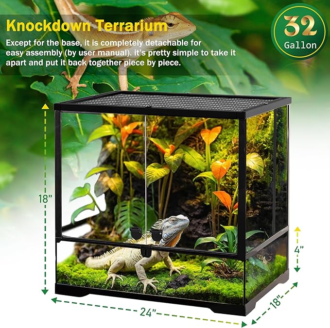 32 Gallon Professional Glass Terrarium 24"x18"x18" Durable Reptile Habitat Tank with Heat Resistant Aluminum Alloy Frame, Dual Front Swinging Doors for no Jam by Sand and Other Debris-PawvioPets