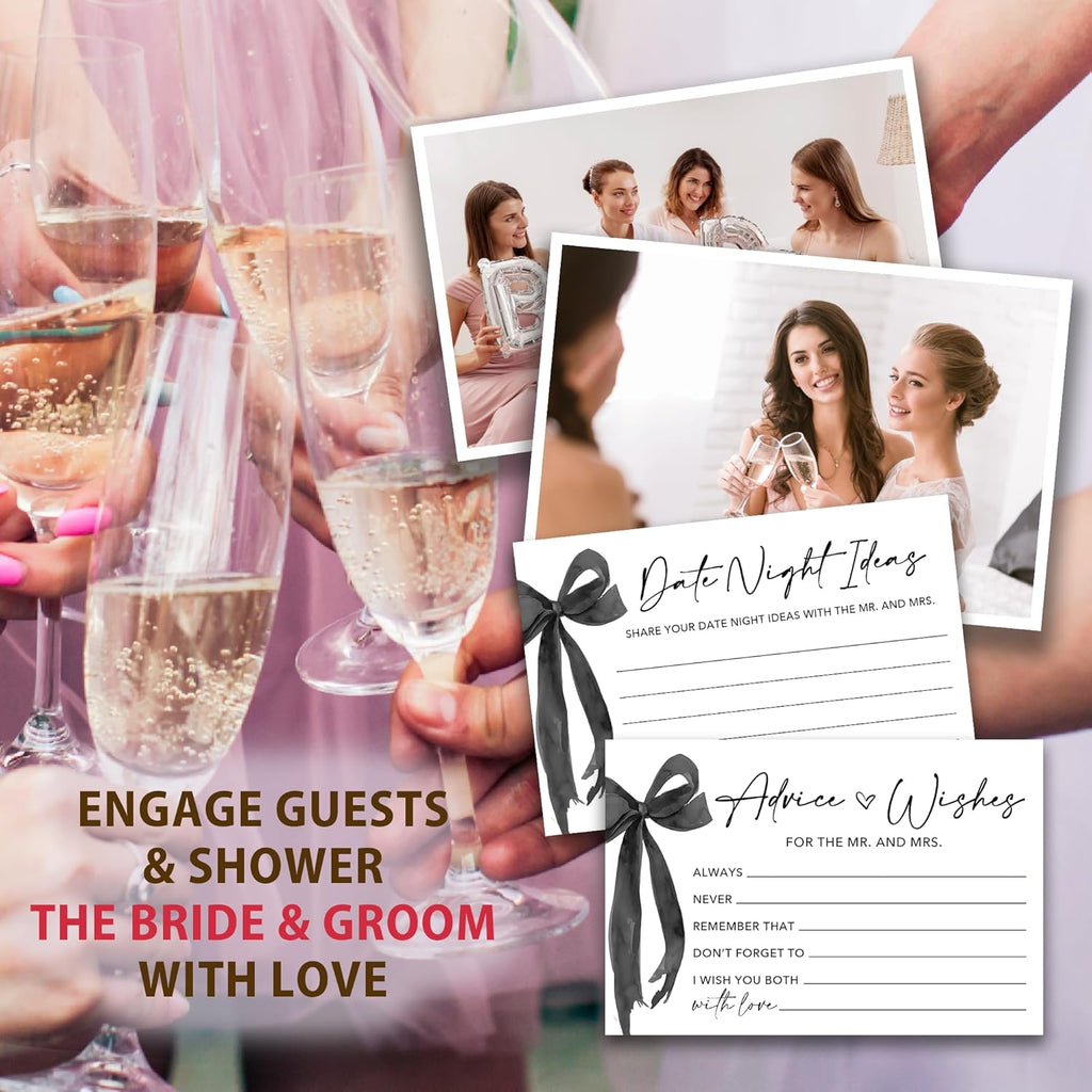 50 Pcs Advice and Wishes for the Mr and Mrs Cards in Box - Bridal Shower Guest Book - Perfect for Newlywed Games, Reception Decor, Engagement Parties & Anniversary Wishes(Black Bow) - B07