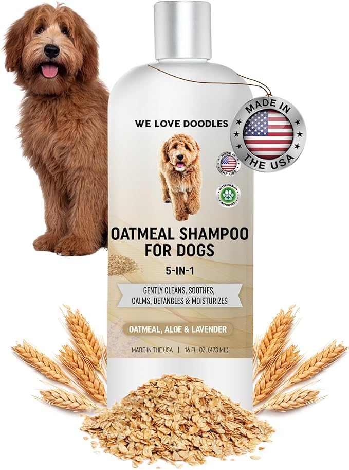 5-in-1 Premium Oatmeal Shampoo for Dogs, Gentle for Itchy & Sensitive Skin, Provides Itch Relief, Hypoallergenic & Soothing for Dry Skin, Moisturizing Anti-Itch, Made in USA, 16 oz [We Love Doodles]-PawvioPets