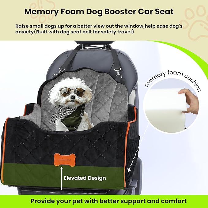 Dog Car Seat for Small Dogs Under 30lbs, Detachable Washable Pet Booster Seat with Safety Belt & Storage Pockets, Travel Car Bed, Black/Grey-PawvioPets