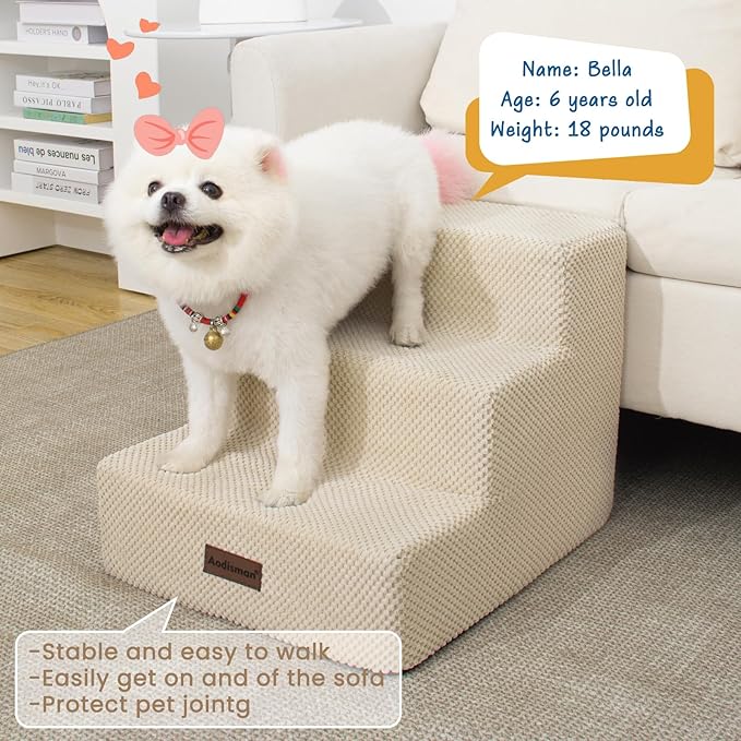 Dog Stairs for Small Dogs & Cats, 3-Step Non-Slip Pet Steps for Couch Sofa and Chair, Beige, 13.6" H-PawvioPets