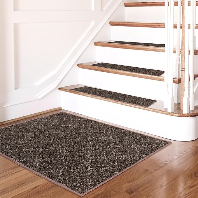 COSY HOMEER Edging Stair Treads Non-Slip Corner Indoor Stair Runners for Wooden Steps,Landing Slip Resistant Stair Rugs for Kids and Dogs, 100% Polyester TPE Backing,Brown,20"X32"-PawvioPets