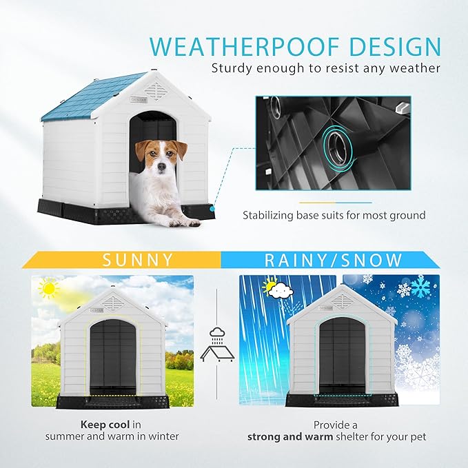 DEStar Durable Waterproof Plastic Pet Dog House Indoor Outdoor Puppy Shelter Kennel with Air Vents and Elevated Floor (Medium - 28" Height)-PawvioPets