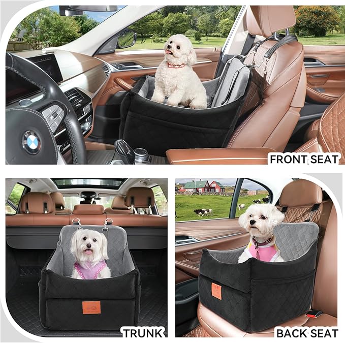 Dog Car Seat for Small/Medium Dogs, Dog Booster Car Seats with Thick Cushion for Dogs Under 35lbs, Detachable Washable Pet Car Seat with Storage Pockets, 2 Safety Belts(Black/Grey)-PawvioPets