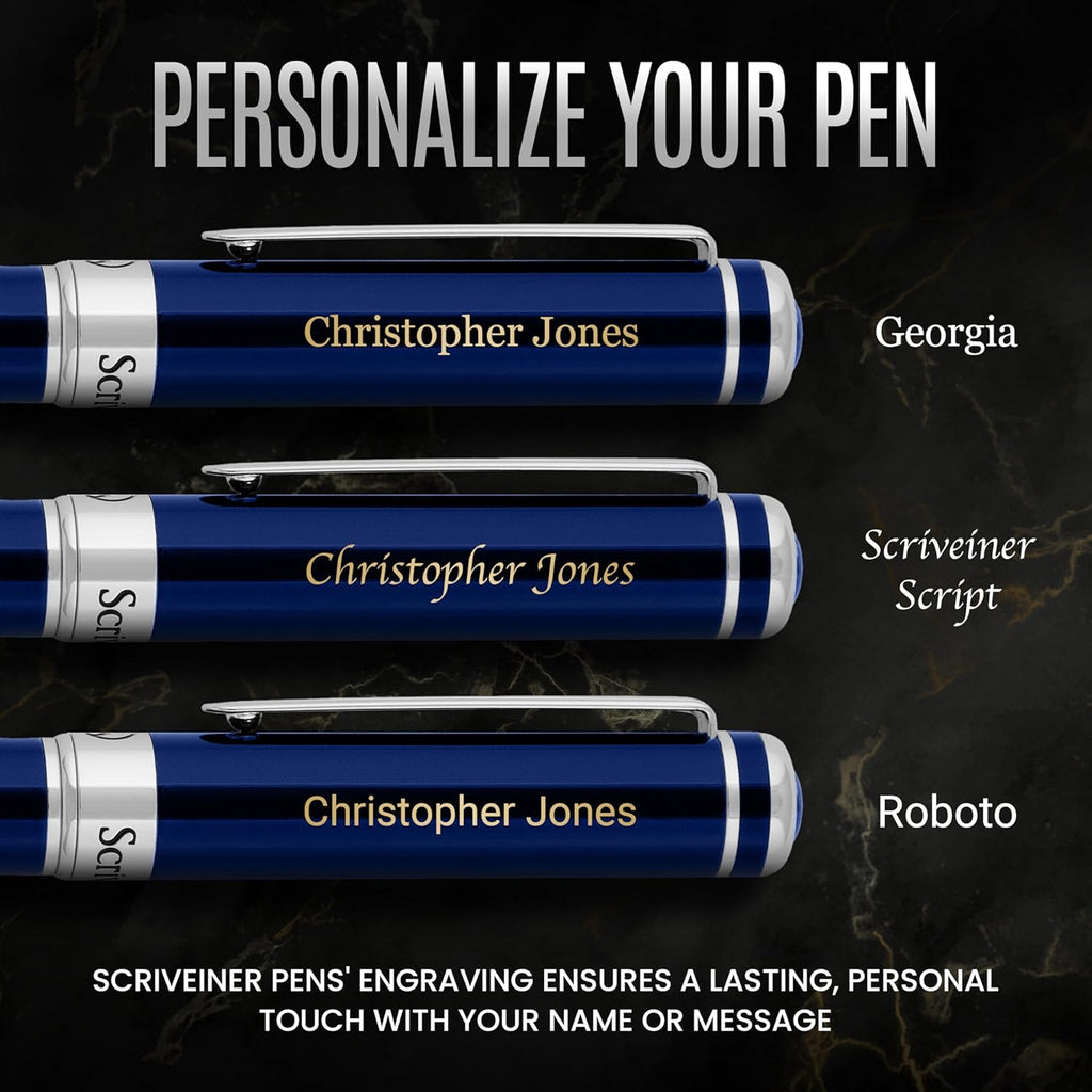 Scriveiner Personalized Midnight Blue Pen - Stunning Blue Lacquer Luxury Pen, Chrome Finish, German Schmidt Nib (Medium), Best Engraved Fountain Pen Gift Set for Men & Women, Name Engraving