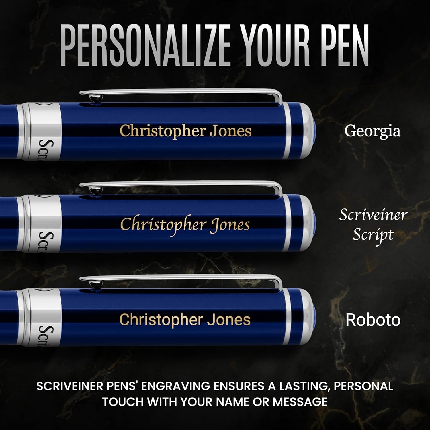 Scriveiner Personalized Midnight Blue Pen - Stunning Blue Lacquer Luxury Pen, Chrome Finish, German Schmidt Nib (Medium), Best Engraved Fountain Pen Gift Set for Men & Women, Name Engraving