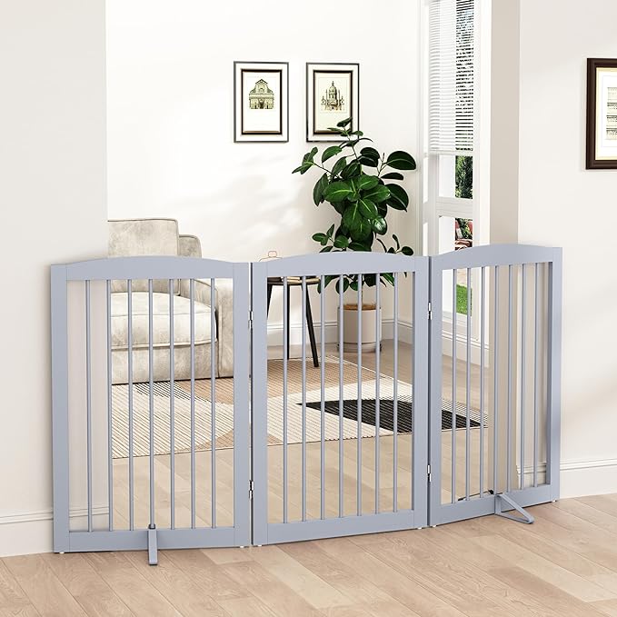 Freestanding Pet Gate for Dogs, Foldable Wooden Dog Gate for House Indoor, Tall Pet Fence for Stair, Doorway,Hall, Support Feet Included, 3 Panels 32",Grey-PawvioPets