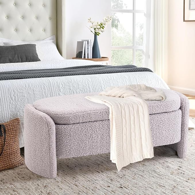 48 Inch Lamb Fleece Oval Storage Bench Upholstered Ottoman Bench with Storage, Bedroom Bench with Large Storage Space, for Bedroom Living Room Entryway, Grey-PawvioPets