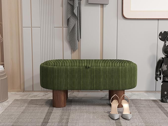Bench with Storage 43 inch, Upholstered Corduroy Farbic Green Oval Footrest with Hidden Storage, Stool Modern Design Legs for Bedroom, Living Room, and Entryway Furniture Ottoman-PawvioPets