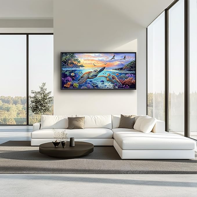 Framed Large Sea Turtle Wall Art for Living Room, Oversized Ocean Turtle Wall Decor Seascape Underwater Marine Life Canvas Painting Home Decoration for Living Room Bedroom Office 60"x30"-PawvioPets