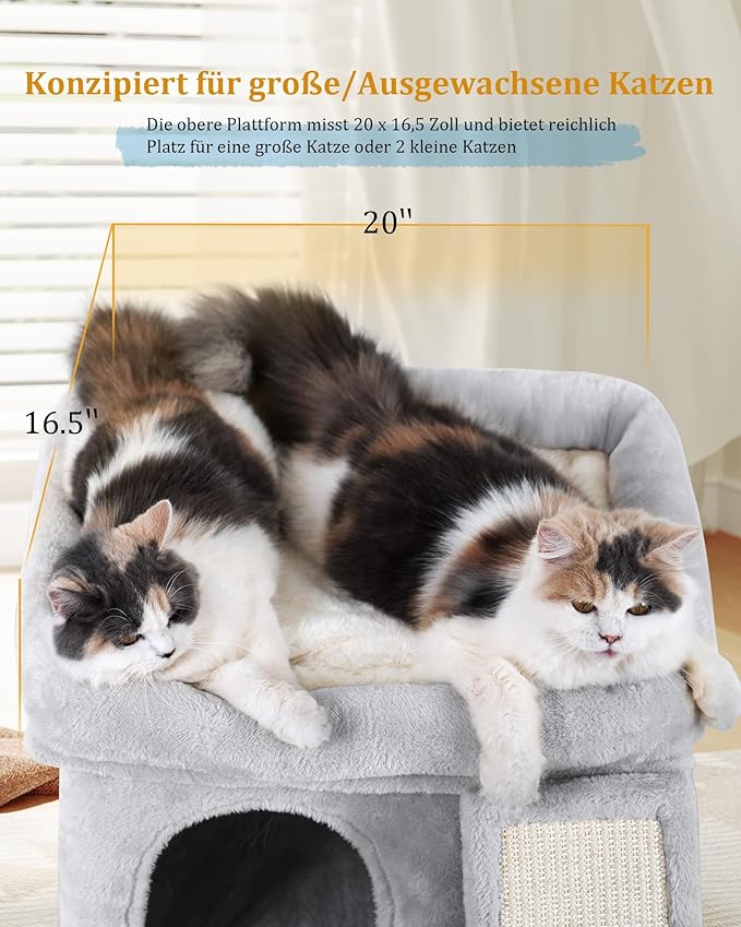 14in Cat Tree Tower with 20 * 16.5in Perch Bed and Washable Top for Large Adult Cats, Condo and Scratching Post for Indoor Kitten Pet, Light Gray-PawvioPets