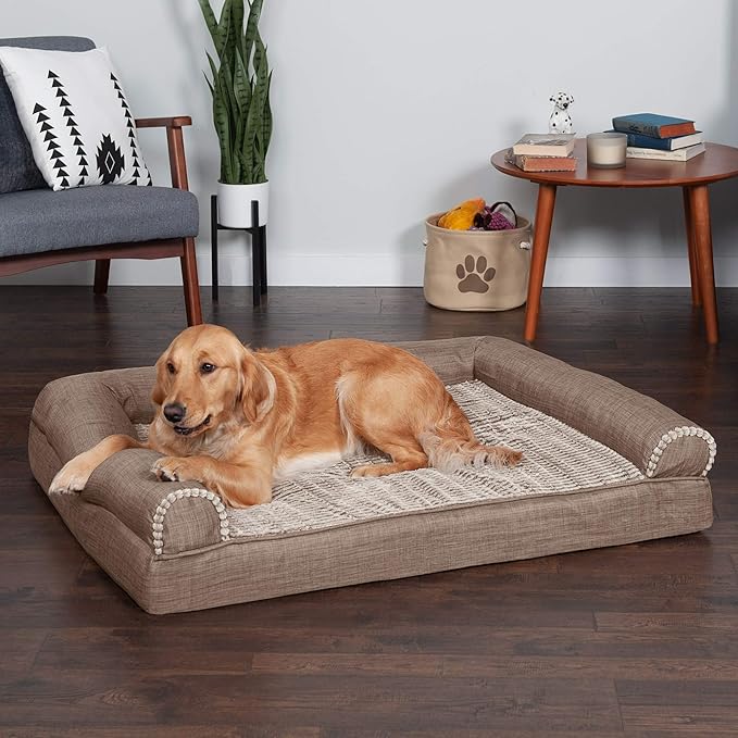 Furhaven Cooling Gel Dog Bed for Large Dogs w/ Removable Bolsters & Washable Cover, For Dogs Up to 95 lbs - Luxe Faux Fur & Performance Linen Sofa - Woodsmoke, Jumbo/XL-PawvioPets