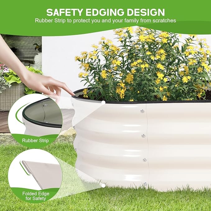 Galvanized Raised Garden Bed Outdoor - 4×2×1ft Planter Raised Beds for Gardening | Oval Metal Garden Planter Box with Safety Edging and Gloves for Vegetables Fruits and Flowers - White-PawvioPets