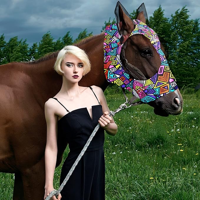 Frienda 4 Pieces Horse Fly Masks with Ears Face Covering UV Protection from Insect Pests Elasticity Smooth Comfortable Mesh Horse Mask Accessories(Geometric,Large)-PawvioPets