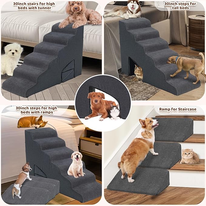 Dog Stairs & Steps Ramps for High Beds 30 inches High Tall, LitaiL 6 Step Pet Stairs Steps for Small Large Dogs, Non-Slip Dog Ramps with 3 Pack Ramps for Staircase-PawvioPets