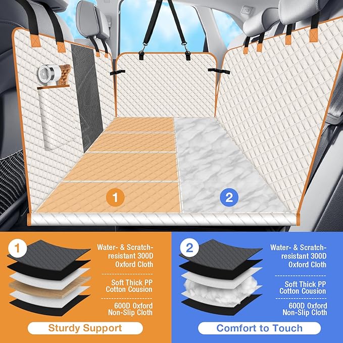 Dog Car Seat Cover for Back Seat, Dog Car Bed Cover with Strong Hard Bottom, Car Back Seat Extender Hammock for Car SUV Truck 4 Panels Beige Color-PawvioPets