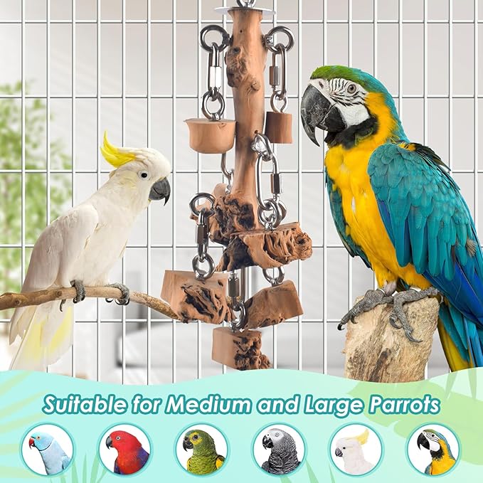 Bird Toys for Parrots, Durable Wooden Large Birds Toy with Stainless Steel, Hanging Natural Chew Hardwood Blocks for Macaws, African Greys, Amazon Parrot, Cockatoos and Small Medium Parakeets-PawvioPets