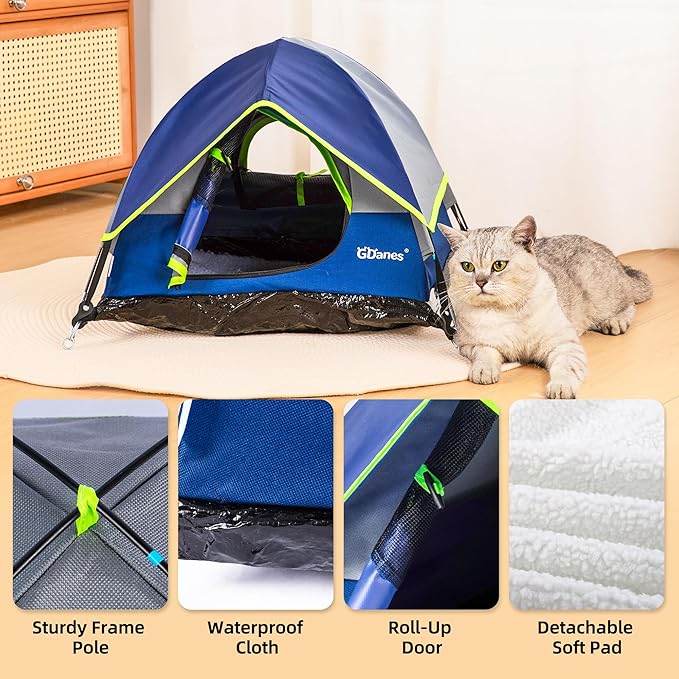 GDanes Blue Cat Tent, Large Cave Bed for Indoor Cats and Small Dogs with Soft Pad - 22" x 22" x 16"-PawvioPets