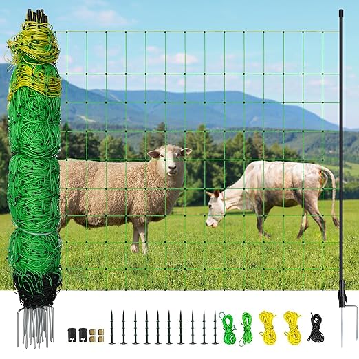 Electric Fence Netting, 164'L x 42.5" H Electric Fence Kit for Livestock, Goat, 14 Posts Double Spiked Portable Electric Poultry Farm Fence-PawvioPets