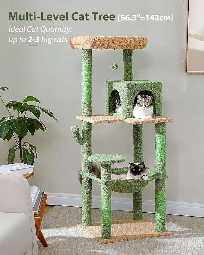 Cactus Cat Tree for Large Cats with Metal Plush Big Hammock, 56.3" Cat Tower for Indoor Cats with 2 Door Condo House, 6-Tier Cat Shelves with Scratching Posts and Large Top Perch,Green-PawvioPets