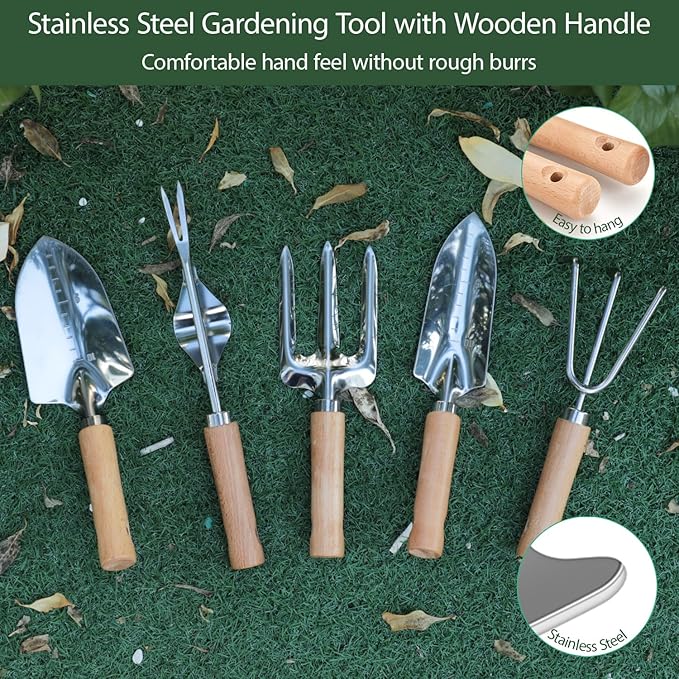 Garden Tool Set, 10 Piece Kit with Heavy Duty Folding Stool, Detachable Storage Tote Bag, Stainless Steel Tools, Gifts for Women Men Green-PawvioPets