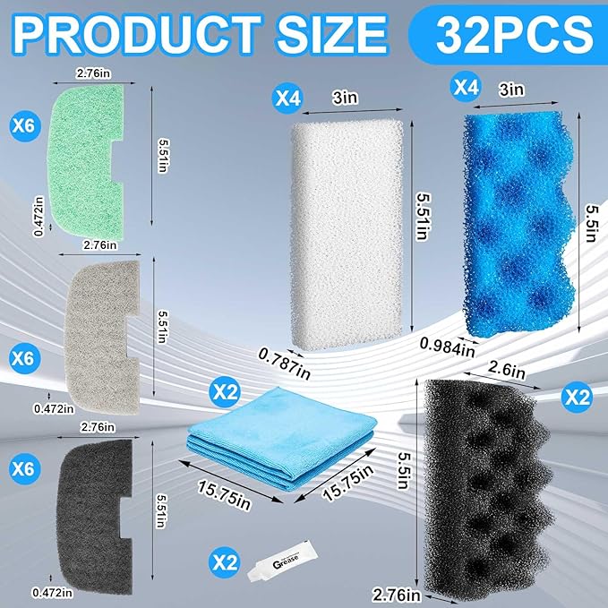 32 Pcs Aquarium Replacement Maintenance Kit Compatible with Fluval 106/107 Filter Media Including Biological Sponge, Ammonia/Phosphate/Nitrite Remover Pad, Aquarium Towel, Grease-PawvioPets