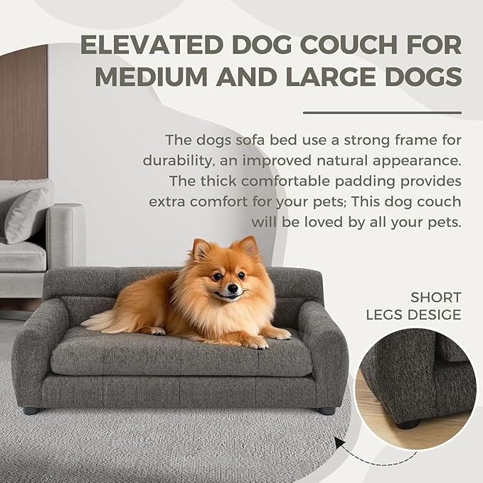 Dog Couch Bed, Mini Sofa for Dogs with Backrest and Armrest, Durable Pet Sofa with Soft Foam Cushion, Elevated Dog Couch Bed with Legs for Medium and Large Dogs, Stone Grey-PawvioPets