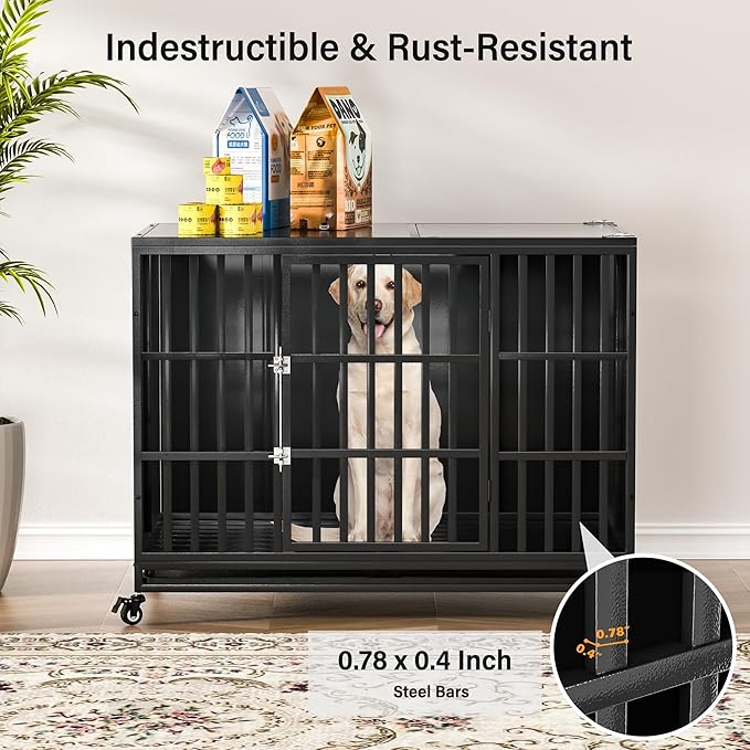 48 inch Heavy Duty Dog Crate with Self-Locking Latch, Indestructible Large Steel Kennel with Enclosed Design, Escape-Proof and Chew-Proof Pet Cage for High Anxiety Dogs-PawvioPets