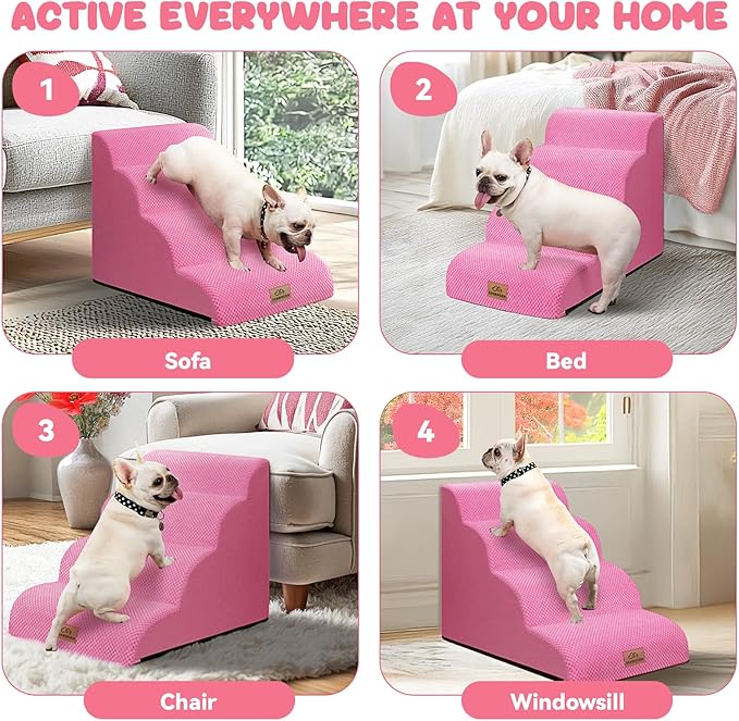 Dog Ramp and Stair for Bed 16" H-20 H,3-Step Cat Stair for Sofa and Chair,4-Step Dog Ramp for High Bed and Window,Durable Nonslip Fabric Cover for Indoor (Pink-20 H, Pet Friendly, 4)-PawvioPets