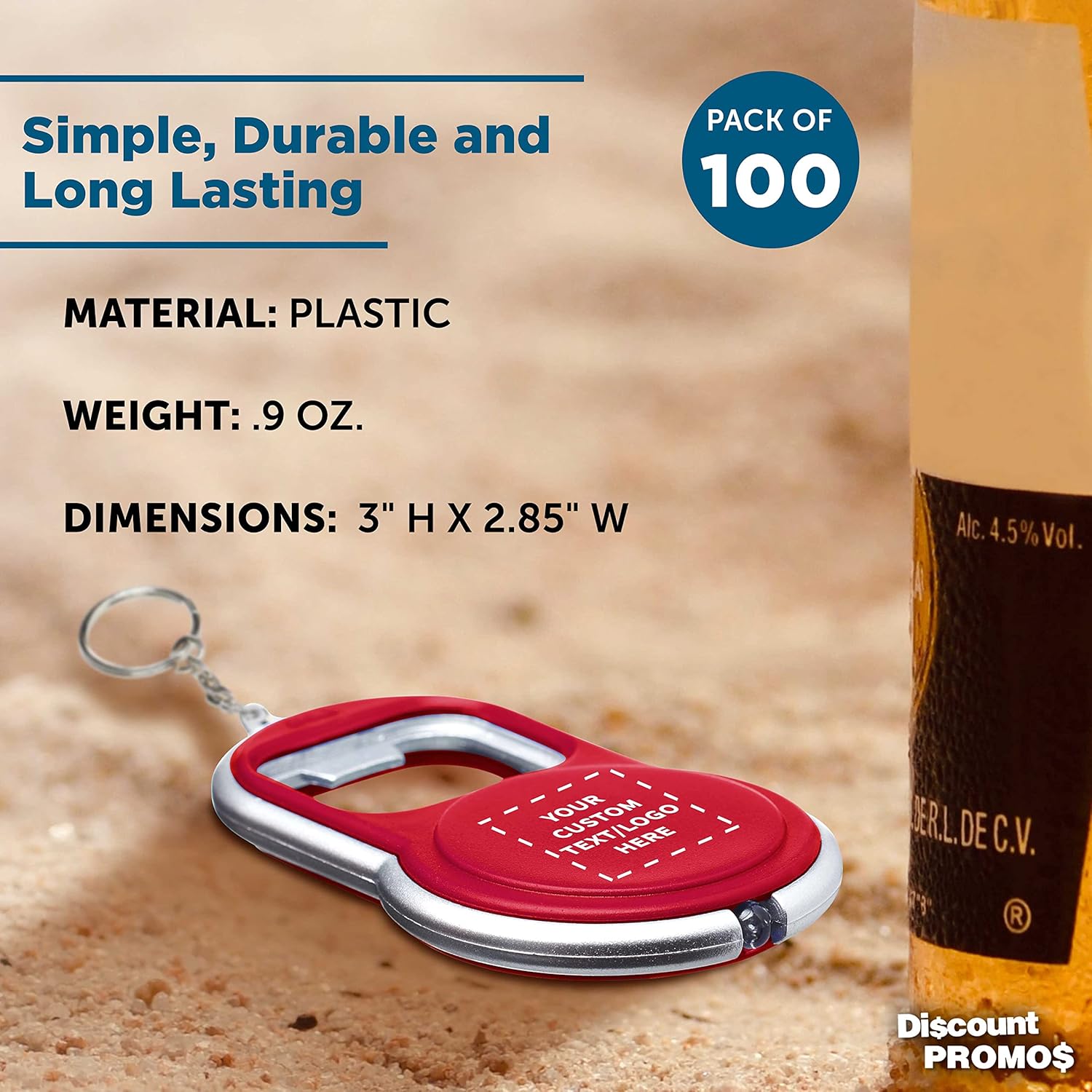 DISCOUNT PROMOS Custom Bottle Opener & LED Keychains Set of 100, Personalized Bulk Pack - Perfect for Tradeshows, Party Favors, Other Events - Red