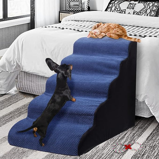 Dog Stairs&Steps for High Beds Up to 28'', 5-Step Dog Ramp for Small Medium Dogs with Washable Cover, Pet Steps for Cats to Get on Couch and Sofa, Durable Foam Ladders, 24.4" Tall, Blue-PawvioPets