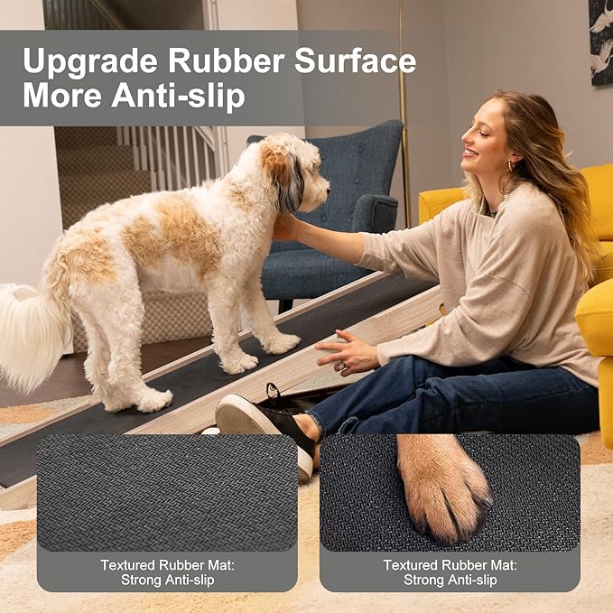 ABORON Folding Wooden Extra Long Dog Ramp, Non-Slip Rubber Mat, 63" Long for High Bed/Couch/Car, 5 Levels Adjustable Pet Ramp, 17.7'' Wide, Supports Small & Large Senior Dogs & Cats up to 200 lbs-PawvioPets