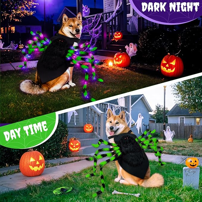 Dog Halloween Costume Large Breed, Furry Dog Spider Costume with 64 LED, Funny Halloween Dogs Costumes for Large Dogs Medium Pet Halloween Party Cosplay (Green)-PawvioPets