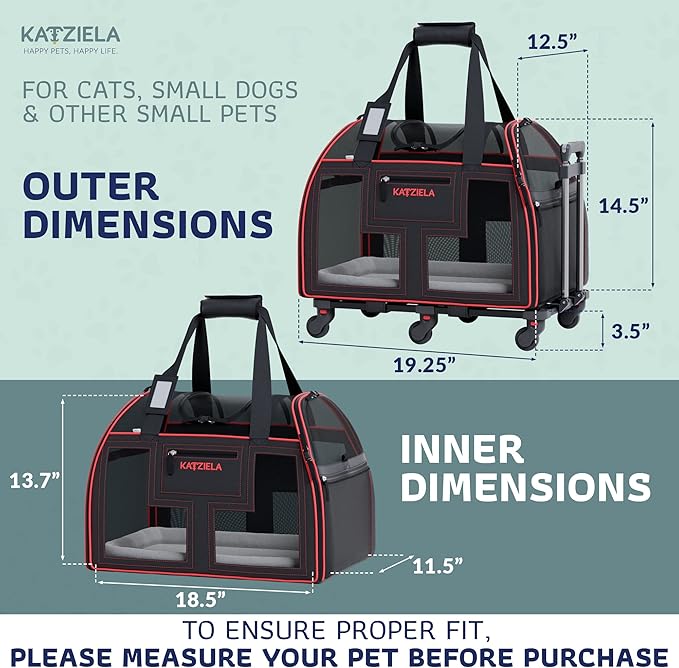 Airline Compliant Pet Carrier - Rolling Portable Travel Carry Crate for Small Dog Puppy or Cat - Soft Removable Wheeled Design with Mesh Window Sides - Airplane and TSA Compliant- by Katziela-PawvioPets