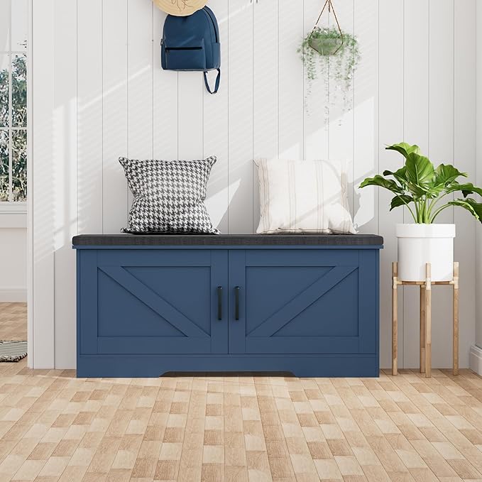 2-Tier Storage Bench, Shoe Bench with Padded Seat Cushion, Entryway Bench with 2 Barn Doors, Adjustable Shelf, 13.8" D x 39.4" W x 17.7" H, for Entryway, Living Room, Bedroom, Blue-PawvioPets