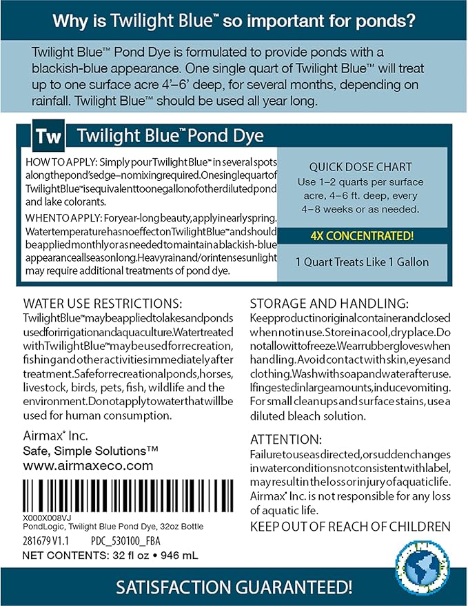 Airmax Twilight Blue Pond Dye 4X Concentrate for Outdoor Ponds & Lakes, Natural Pond Colorant & Beauty Enhancer, Block Ultraviolet Rays, Fish, Bird & Livestock Safe, Easy Liquid Application,1 Quart-PawvioPets