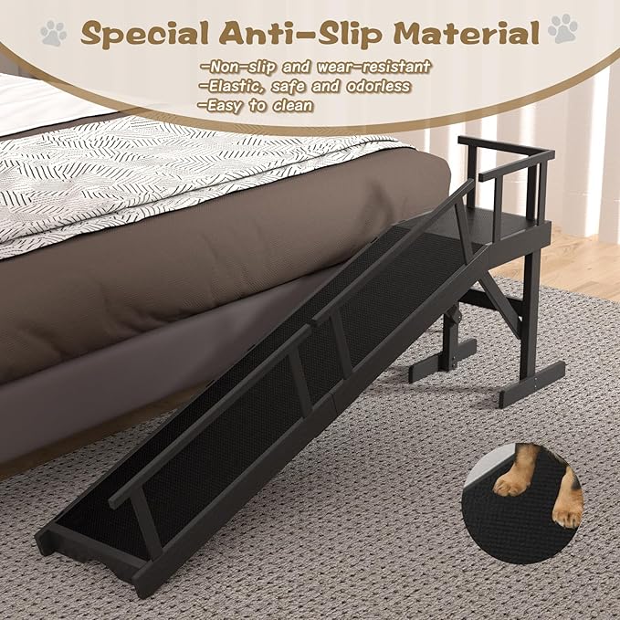 61" Dog Ramp for Bed, Pet Ramp with Removable Side Rail and Non-Slip Surface, Pet Ramp for Small & Large & Senior Dogs with Rest Platform and DIY Glow Strips,Dog Stairs for Couch,Black-PawvioPets