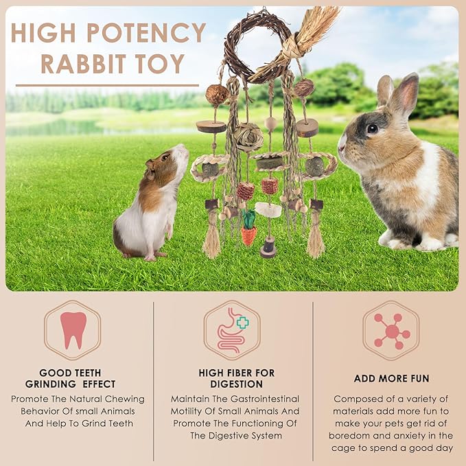 Bissap Bunny Chew Toy, Rabbits Cage Hanging Chew Toys and Treats Rattan Ring with Snacks Water Grass Wooden Block Carrot for Guinea Pigs Chinchillas Hamsters Rats and Other Small Pets Teeth Grinding-PawvioPets