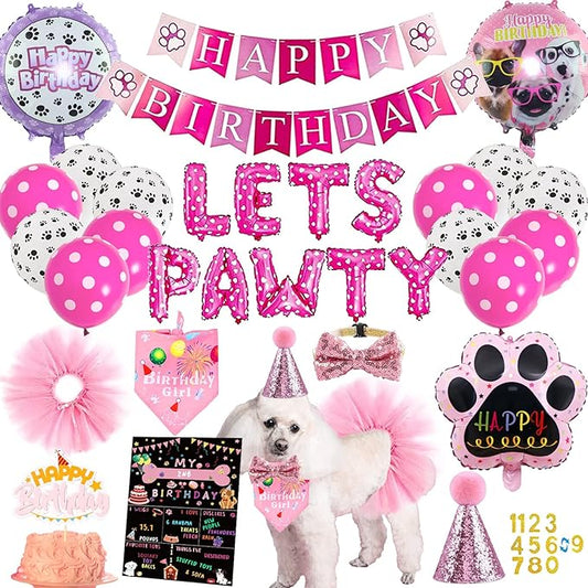 Dog Party Supplies Decorations - Cute Bandana, Let's Pawty Banner, Cake Topper, Hat, Pink Bowtie, Tutu Skirt, Paw Balloon for Birthday Celebration-PawvioPets