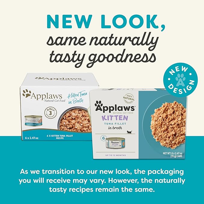 Applaws Natural Wet Kitten Food in Broth, Limited Ingredient Canned Wet Kitten Food, No Additives, Made with Natural Ingredients, Tuna Fillet in Broth (6 x 2.47oz Cans)-PawvioPets