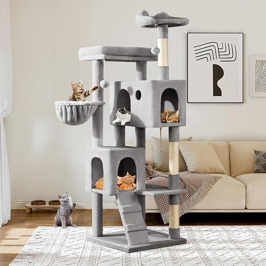Allewie 64 Inches Cat Tree Tower/Multi-Level Activity Center for Indoor Big Felines/2 Plush Condos/2 Perchs/Basket/House/Sisal Scratching Posts/Hanging Cat Toys/Grey-PawvioPets