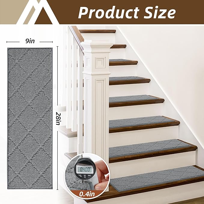 COSY HOMEER Stair Treads for Wooden Steps 9"x28" Washable Indoor Carpet Stair Treads Non Slip Soft Polyester Stair Carpet Tread Reusable Stair Runner Rugs for Kids, Elders,Pets,Medium Grey,10pcs-PawvioPets