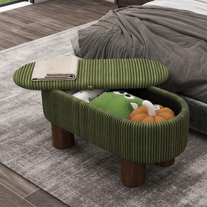 Bench with Storage 43 inch, Upholstered Corduroy Farbic Green Oval Footrest with Hidden Storage, Stool Modern Design Legs for Bedroom, Living Room, and Entryway Furniture Ottoman-PawvioPets