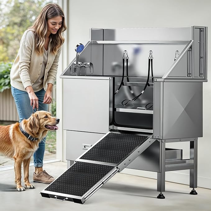 DWVO Professional Dog Bathing Station Stainless Steel 304 Dog Bathtub 50in for Grooming w/Left Door Ramp, 2 Storage Drawers, Faucet, Grate, Pet Washing Station for Large, Medium, Small Pets-PawvioPets